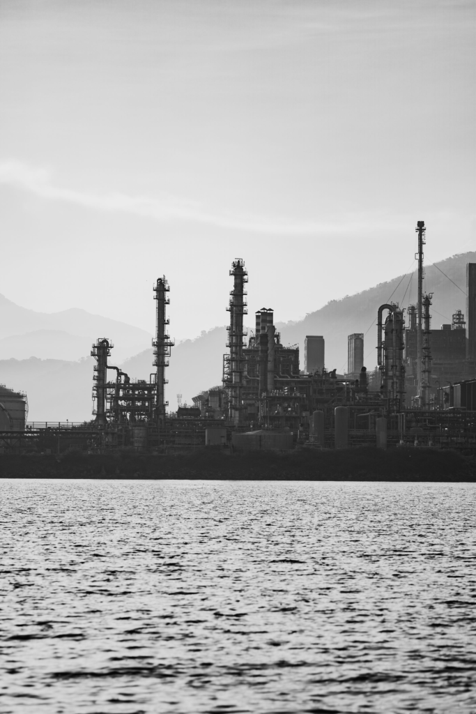 Black-and-white refinery skyline