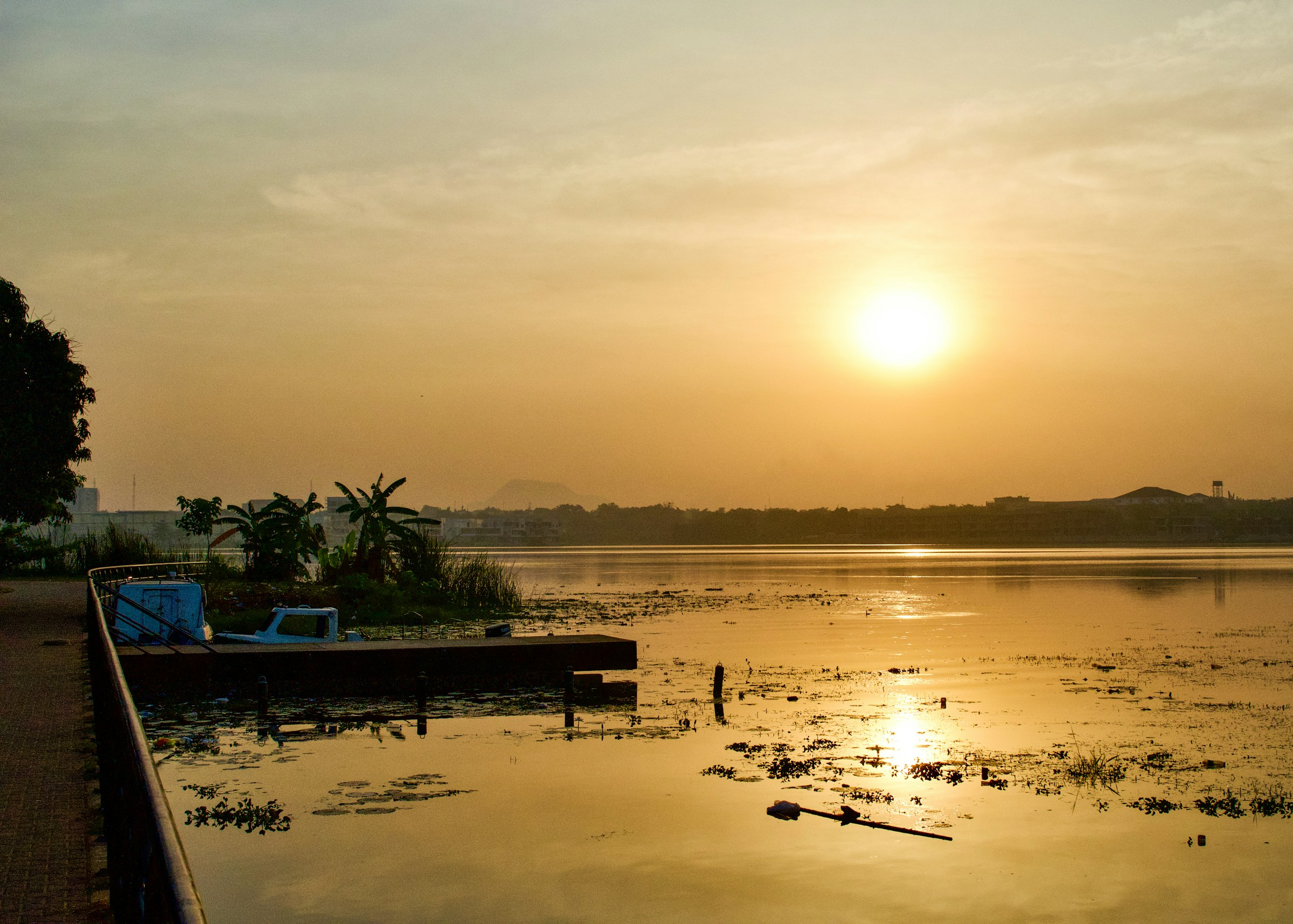 Sunset over a calm river with vegetation